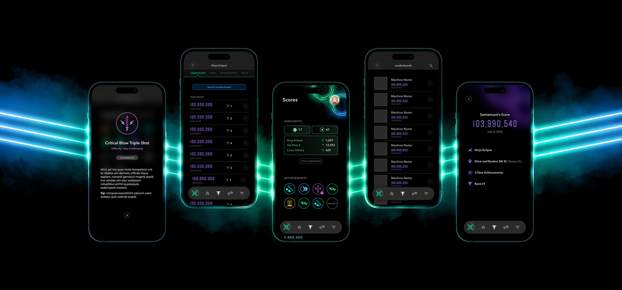 PinAccess app showing scores, achievements, and leaderboards